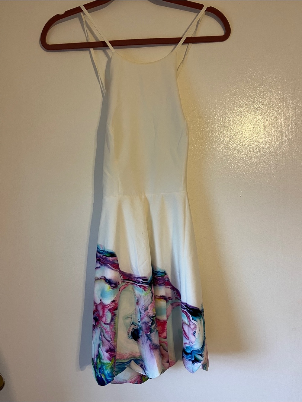 Peppermayo White Mini Dress with Multicolor Abstract Hem